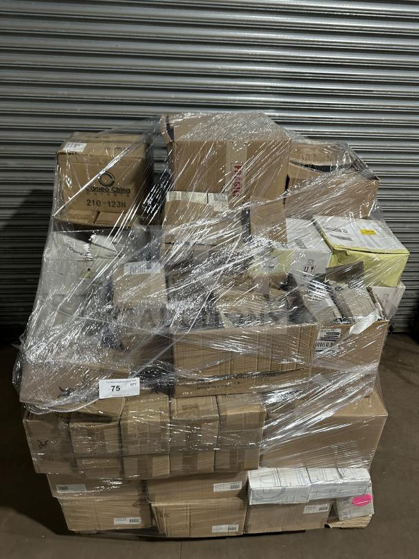 Mixed pallet with 27 creamer boxes, whisky tumblers, platters, Domilon knives, and Prepline toasters. Wrapped in plastic.