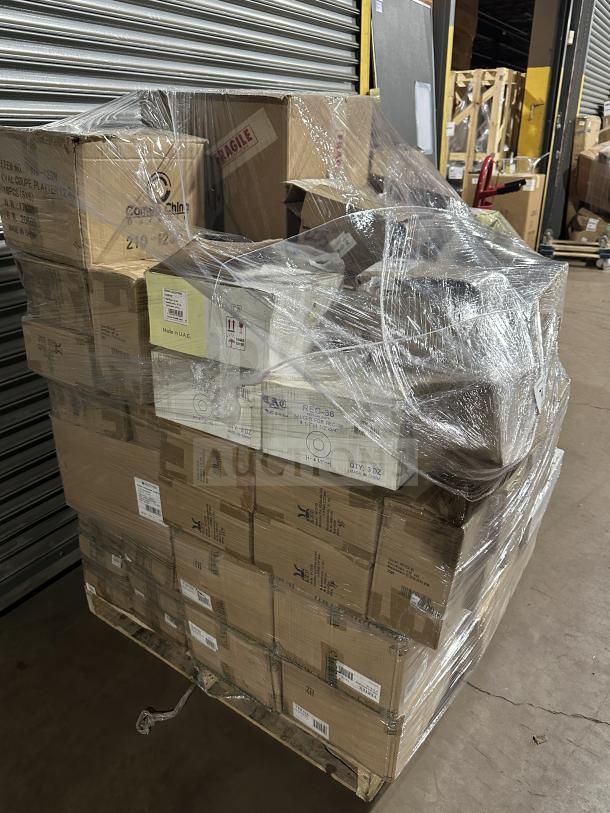 Mixed pallet with 27 boxes creamer, 11 whisky tumblers, 14 Domilon knives, platters, and Prepline toasters, wrapped and stacked.