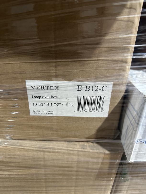 Brand new mixed pallet with various items including Vertex deep oval bowls, marked as E_B12-C, 10 1/2" x 1 7/8".