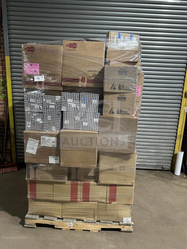 Pallet with various boxes; includes Hudson plates, Ichendorf Venezia glasses, wine glasses, York spoons, Costa Nova bowl.