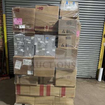 Pallet with various boxes; includes Hudson plates, Ichendorf Venezia glasses, wine glasses, York spoons, Costa Nova bowl.