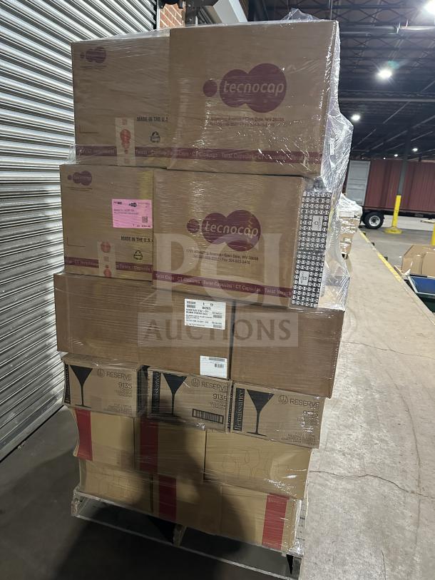 Pallet with assorted boxes including Hudson plates, Ichendorf Venezia glasses, and Serax items, shrink-wrapped, marked Tecnocap.