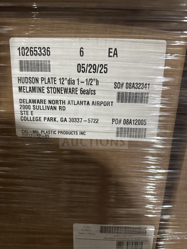 Mixed pallet with multiple boxes of Hudson melamine stoneware plates, Ichendorf Venezia water glasses, Costa Nova shell bowls, York spoons, and Serax items. Barcoded with shipment labels.