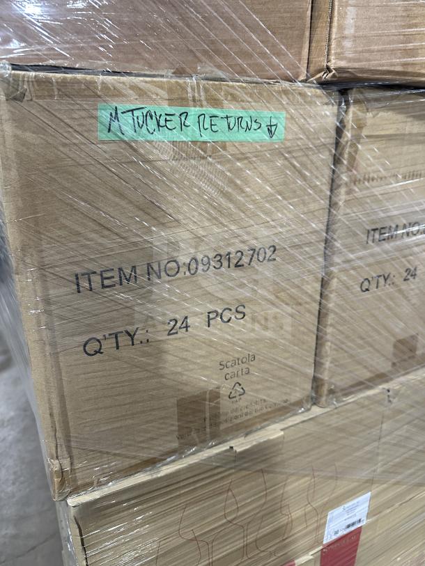 Brand new mixed pallet with 24 boxes labeled "Item No. 09312702," featuring multiple brands and items.