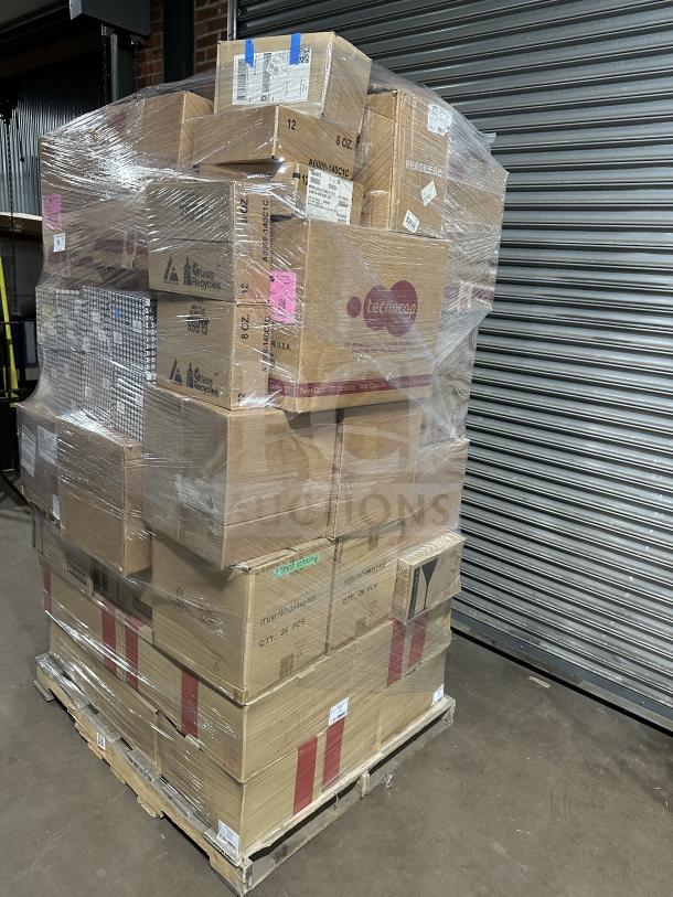 Mixed pallet with 9 boxes Hudson 12" melamine plates, 2 boxes Ichendorf Venezia glasses, wine glasses, and more.