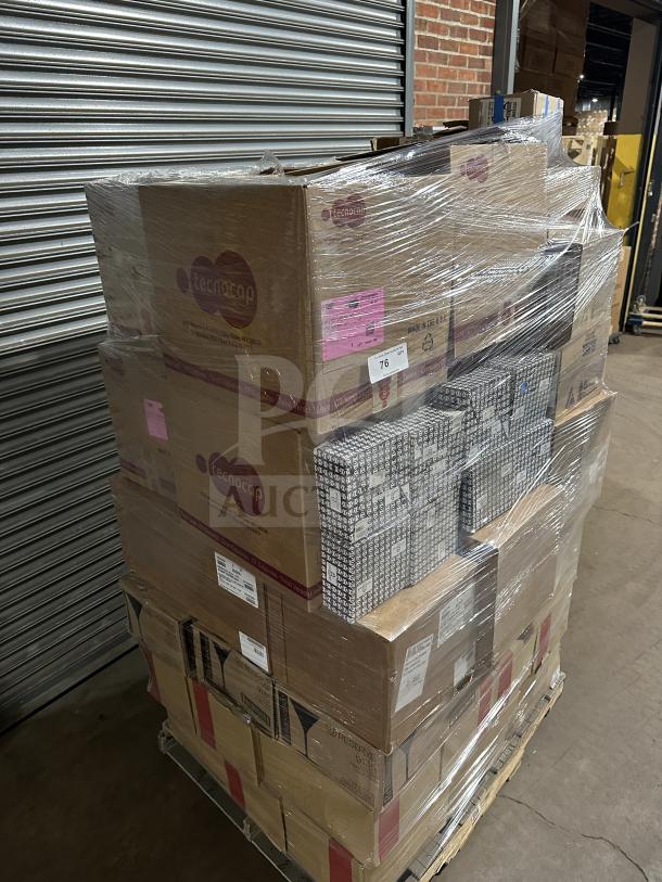 Mixed pallet with 9 boxes of Hudson plates, Ichendorf Venezia water glasses, and more. New, labeled boxes.