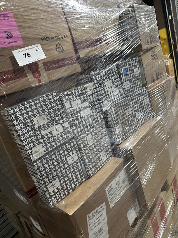 Mixed pallet with 9 boxes of Hudson 12" melamine plates, Ichendorf Venezia glasses, York Spoonhead, Costa Nova shell bowl, Van Duysen items, wrapped in plastic.