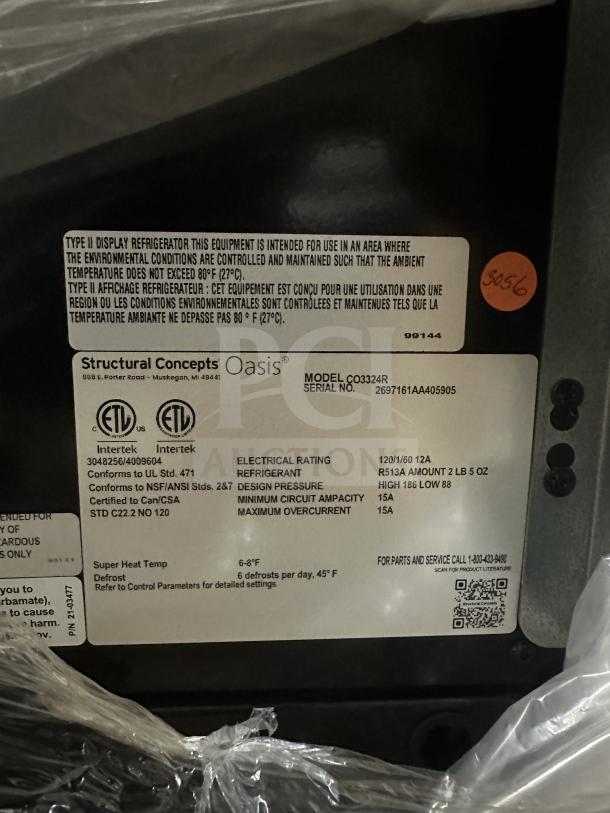 Brand new Structural Concepts Oasis CO3324R refrigerated merchandiser with black laminate, 36", 120V, serial 2697161AA405905.