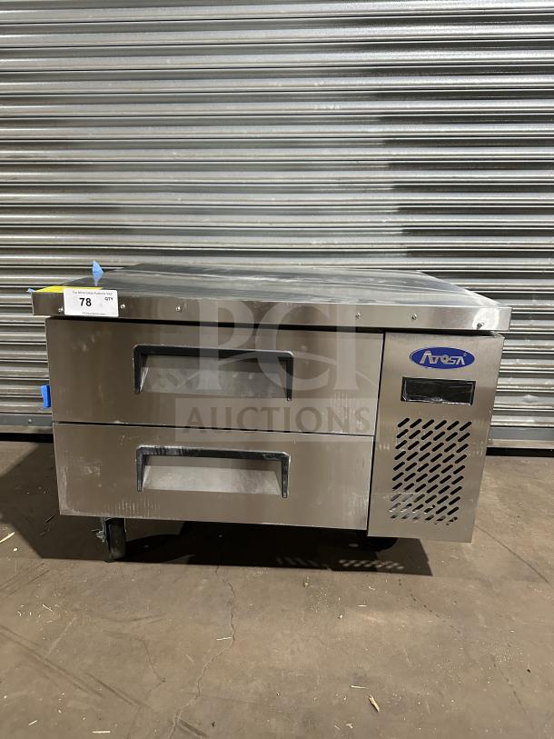 Brand new Atosa MGF8448GR stainless steel chef base refrigerator, heavy-duty, electric, 115V, on casters, model MGF8448GR.