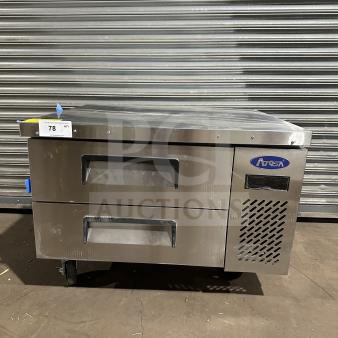 Brand new Atosa MGF8448GR stainless steel chef base refrigerator, heavy-duty, electric, 115V, on casters, model MGF8448GR.