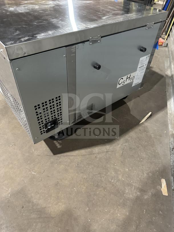 Brand new Atosa stainless steel chef base refrigerator, model MGF8448GR, electric-powered, on casters, 115V, 1 phase.