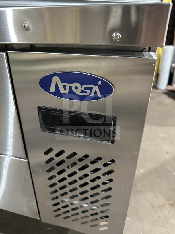 Stainless steel Atosa chef base refrigerator, model MGF8448GR, brand new with casters and 115V electric power.