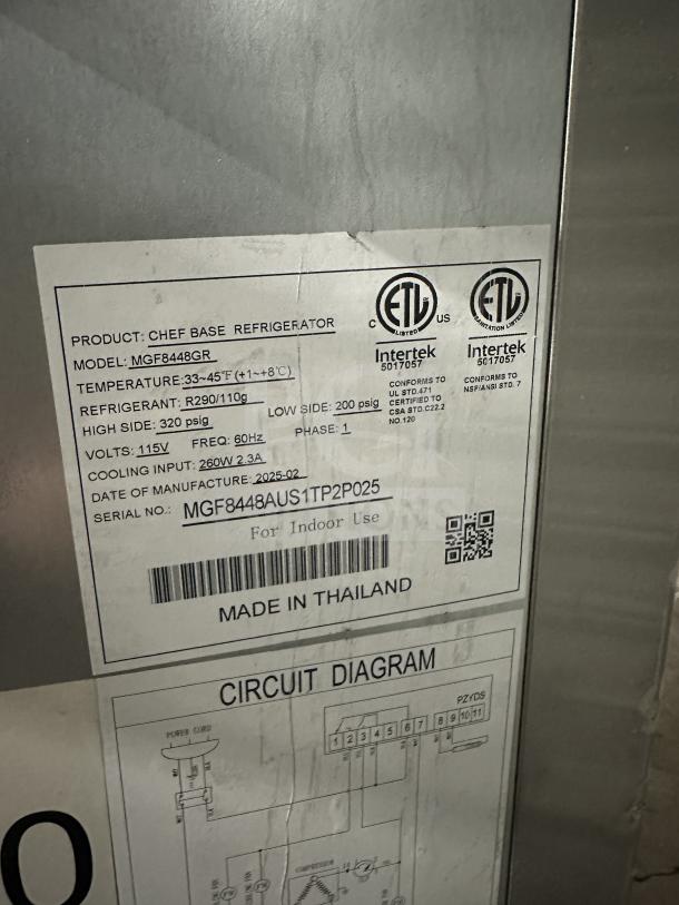 BRAND NEW Atosa Chef Base Refrigerator, Model MGF8448GR. Stainless steel, 115V, 1 phase, on casters. SN: MGF8448AUS1TP2PO25.