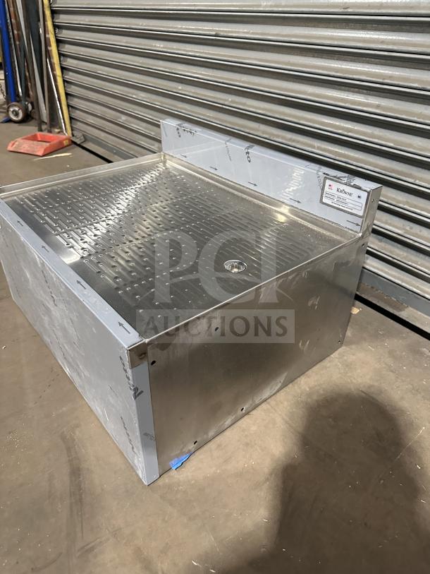 Brand new Krowne KR24-GS30 stainless steel work table with built-in perforated drain board. Serial: 2601050002971.