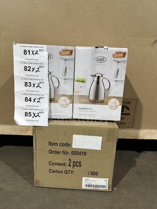 BRAND NEW Alfi Albergo stainless steel vacuum carafes, model FN345, ergonomic chrome-plated screw cap, 2 pieces.