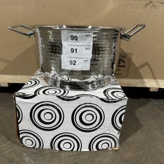 Brand new commercial stainless steel ice bucket/beverage tub, hammered finish, dual handles, tags labeled 90-92.