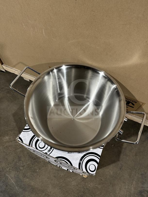 Brand new commercial stainless steel ice bucket/beverage tub with handles, polished finish, on decorative box.