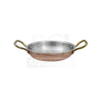 Brand new Paderno Copper Series stainless steel gratin pan, model A1551524, with brass handles.