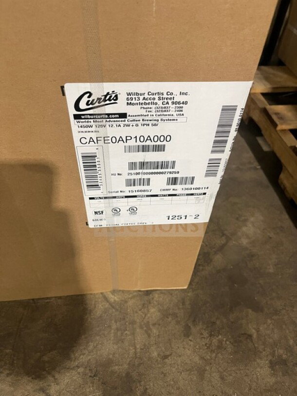 Brand new Curtis countertop coffee brewer, model CAFEOAP10A000, in box. Serial 15160857, 120V, 1Phase.
