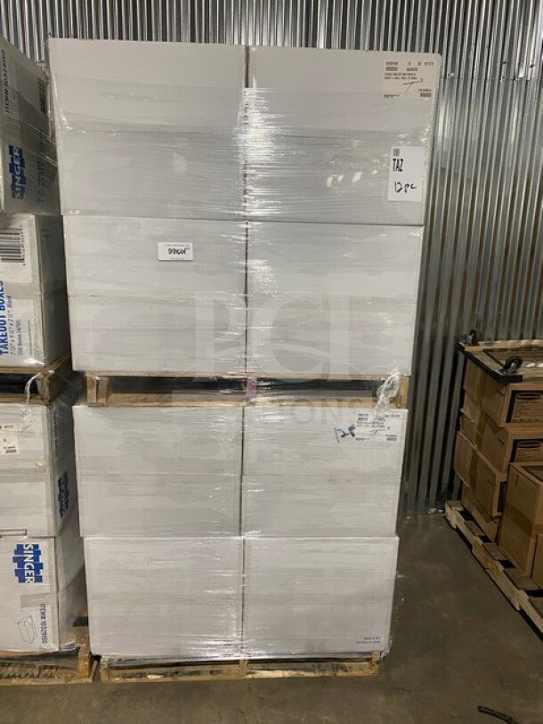 Pallet of brand new TAKE OUT-SING #3 folded take-out boxes, model 10329150, 200 per case, shrink-wrapped, pristine condition.