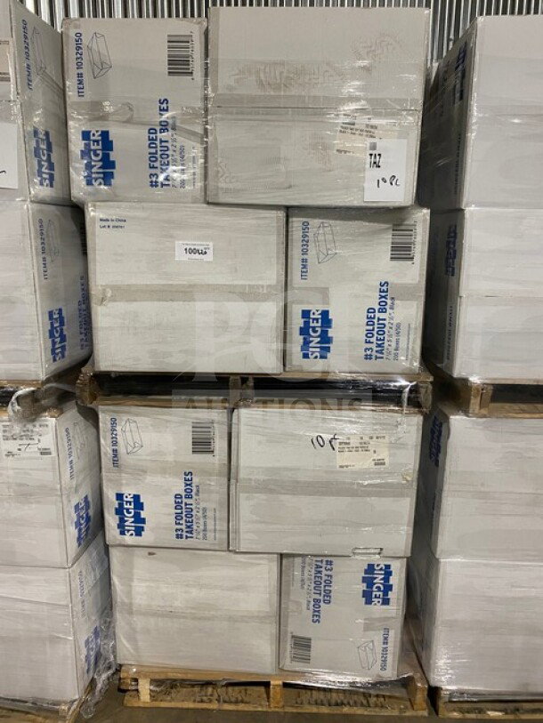 Brand new pallet of TAKE OUT-SING #3 folded takeout boxes, 200 per case, Item 10329150. Pallet shrink-wrapped, cases stacked.