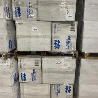 Brand new pallet of TAKE OUT-SING #3 folded takeout boxes, 200 per case, Item 10329150. Pallet shrink-wrapped, cases stacked.