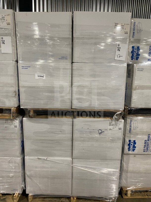 Pallet with brand new #3 folded take-out boxes, 200 per case, Model 10329150. Wrapped for shipping.