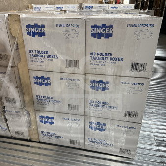 BRAND NEW pallet of #3 Folded Takeout Boxes, 200 per case, Singer model 10329150, in shrink-wrapped cases.