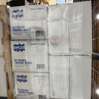 Pallet of BRAND NEW TAKE OUT-SING #3 folded takeout boxes, model 10329150, 200 per case. 20X your bid.