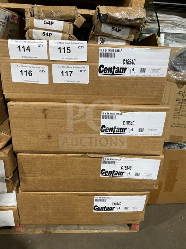 Brand new Centaur C1854 4-tier shelving rack system in box. Model C1854C, includes tags indicating new condition.
