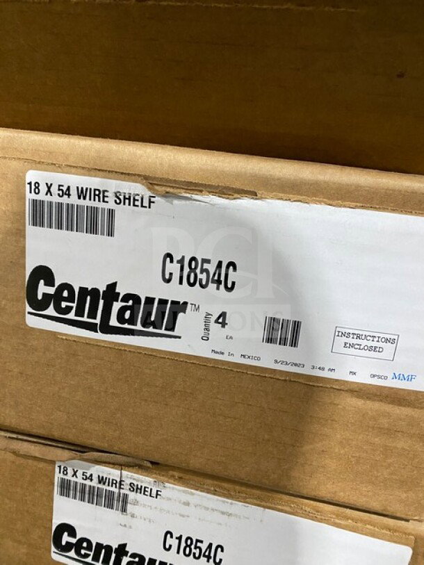 Brand new Centaur C1854 4-tier shelving rack in box. Features 18x54 wire shelves. Includes instructions.