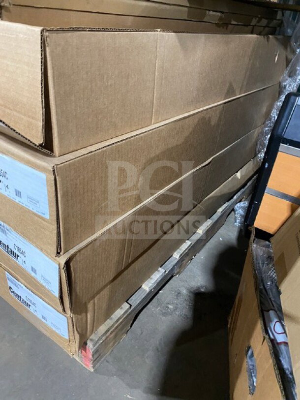 Brand new Centaur C1854 4 Tier Shelving Rack System in sealed box. Boxes show model and brand labels.