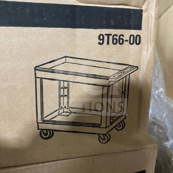 Brand new Rubbermaid Poly Heavy Duty Multi Level Bus Cart, model 9T66-00, shown in packaging with schematic illustration.