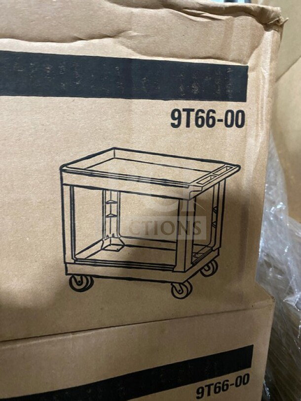 Brand new Rubbermaid Poly Heavy Duty Multi Level Bus Cart, model 9T66-00, in packaging with box illustration.