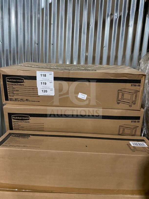 Brand new Rubbermaid Poly Heavy Duty Multi Level Bus Cart, Model 9T66-00, in original packaging.