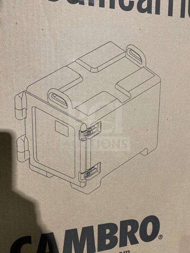 Brand new Cambro Ultra Cam Sheet Pan Carrier, model 1318CC110, in black. Box illustration shows carrier design.
