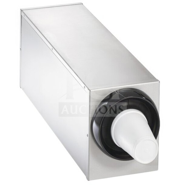 Brand new Vollrath 58821-A stainless steel countertop cup dispenser, 1-slot, fits 8-44 oz cups, in box.