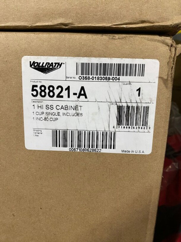 Brand new Vollrath 58821-A stainless steel 1-slot 8-44 oz. countertop cup dispenser cabinet, in original box with label.