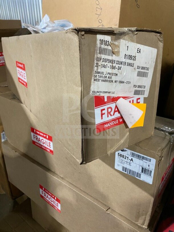 Brand new Vollrath 58821-A stainless steel countertop cup dispenser cabinet in box. Model 58821, 1-slot, 8-44 oz capacity.