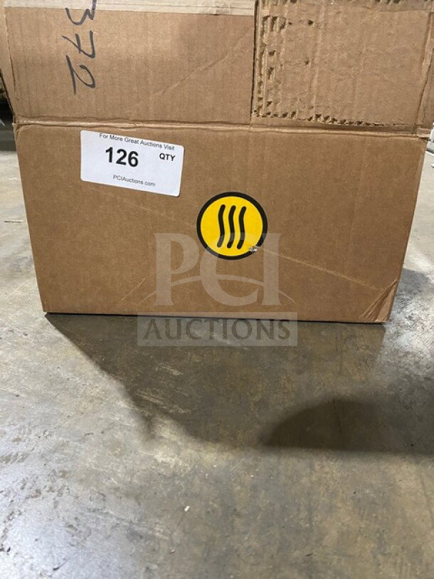 Cardboard box labeled "126" containing new Allied stainless steel restaurant tongs. Box is intact and sealed.