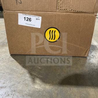 Cardboard box labeled "126" containing new Allied stainless steel restaurant tongs. Box is intact and sealed.