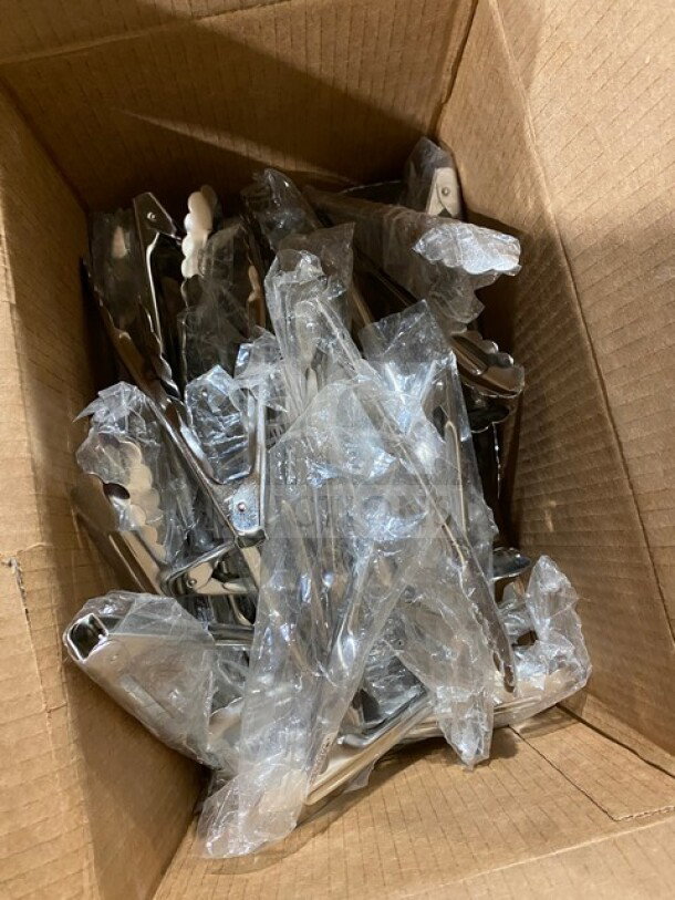 Brand new box of Allied stainless steel restaurant tongs, wrapped in plastic, ideal for commercial kitchen use.