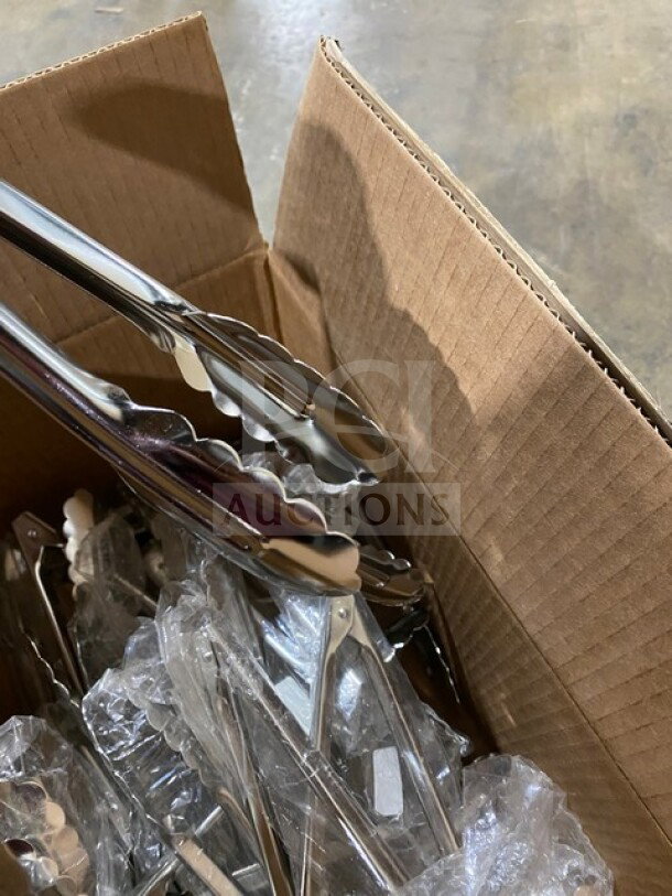 Brand new Allied stainless steel restaurant tongs in a cardboard box, multiple pieces, wrapped in protective plastic.