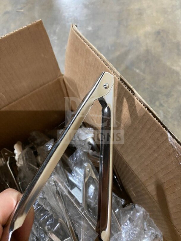 Brand new Allied stainless steel restaurant tongs shown against an open cardboard box; durable and ready to use.