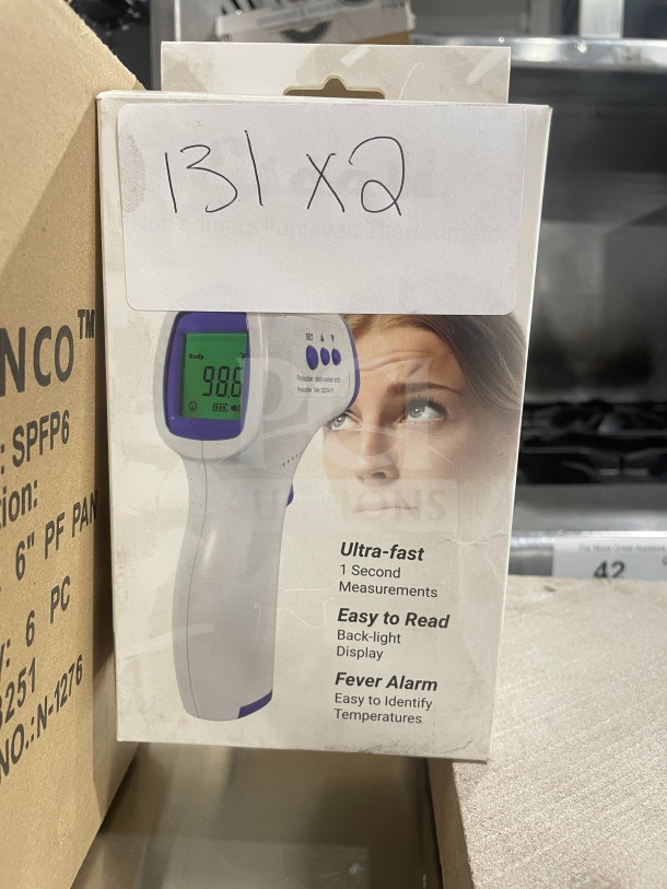 Brand new Escali ultra-fast non-contact forehead thermometer in box, features 1-second measurement, back-light display, fever alarm.