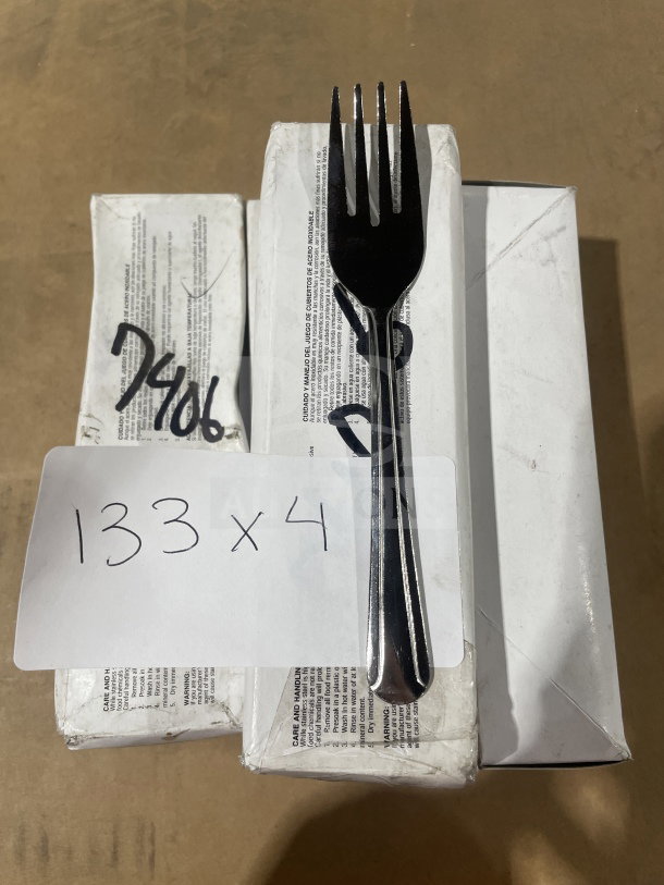 Brand new commercial stainless steel salad fork, boxed, 2 dozen per box. Note reads "133 x 4", indicating bulk offer.