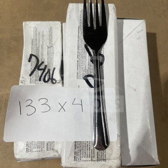 Brand new commercial stainless steel salad fork, boxed, 2 dozen per box. Note reads "133 x 4", indicating bulk offer.