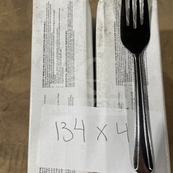 Brand new commercial stainless steel salad fork on boxes labeled "134 x 4," indicating 4 dozen forks in packaging.