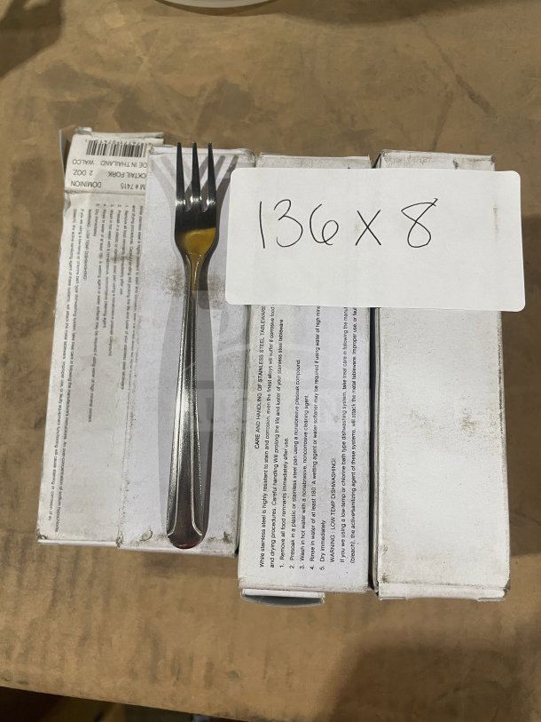 Brand new commercial stainless steel cocktail fork, set of 24 per box. Includes 8 boxes. Unopened packaging visible.