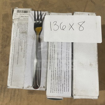 Brand new commercial stainless steel cocktail fork, set of 24 per box. Includes 8 boxes. Unopened packaging visible.